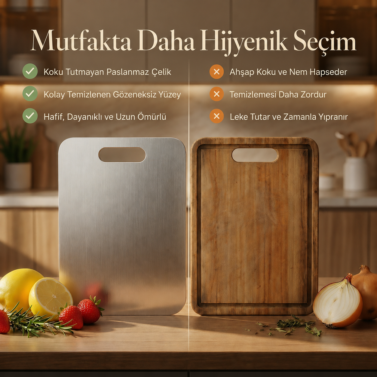 Mutfakly Saplı Paslanmaz Çelik Kesme Tahtası