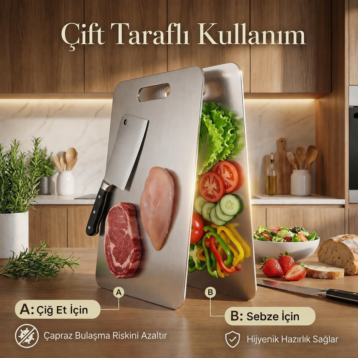 Mutfakly Saplı Paslanmaz Çelik Kesme Tahtası